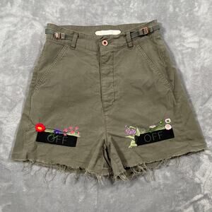 Off White Shorts Womens 26 Green Flower Embroidery Cargo Streetwear Military